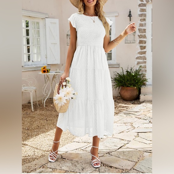 Merokeety Women’s Short Sleeve Swiss Dot Dress, White -Medium - Picture 3 of 11